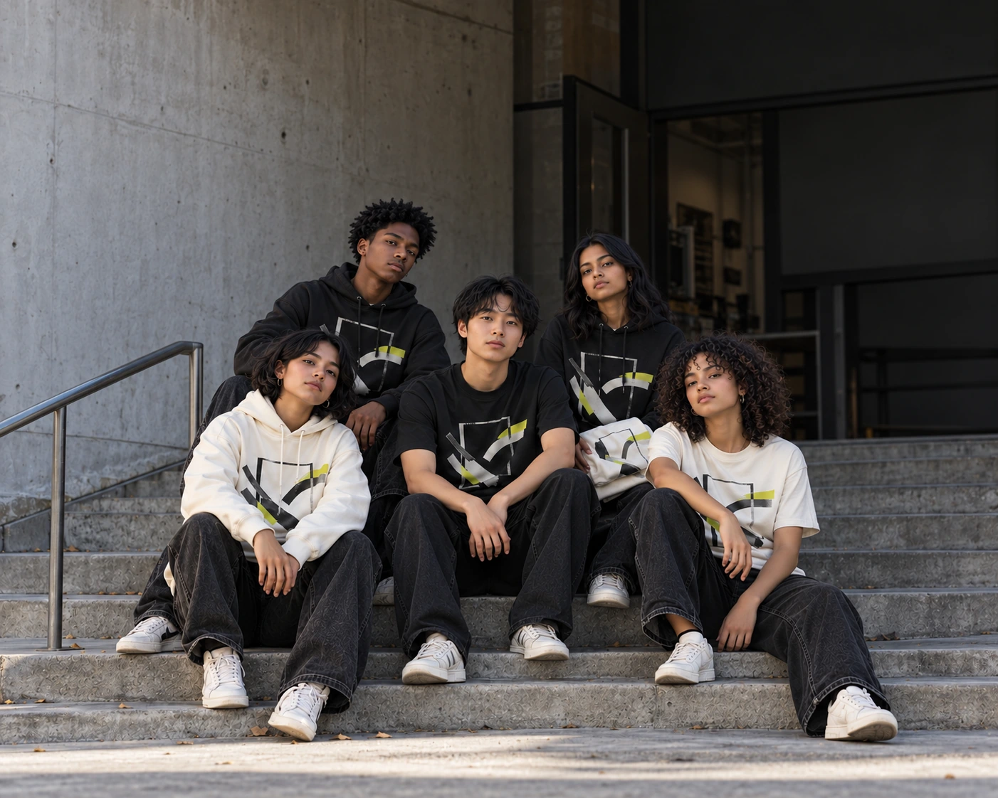 Five high school students in black and white school hoodies pose together on outdoor campus steps, looking straight at the camera.