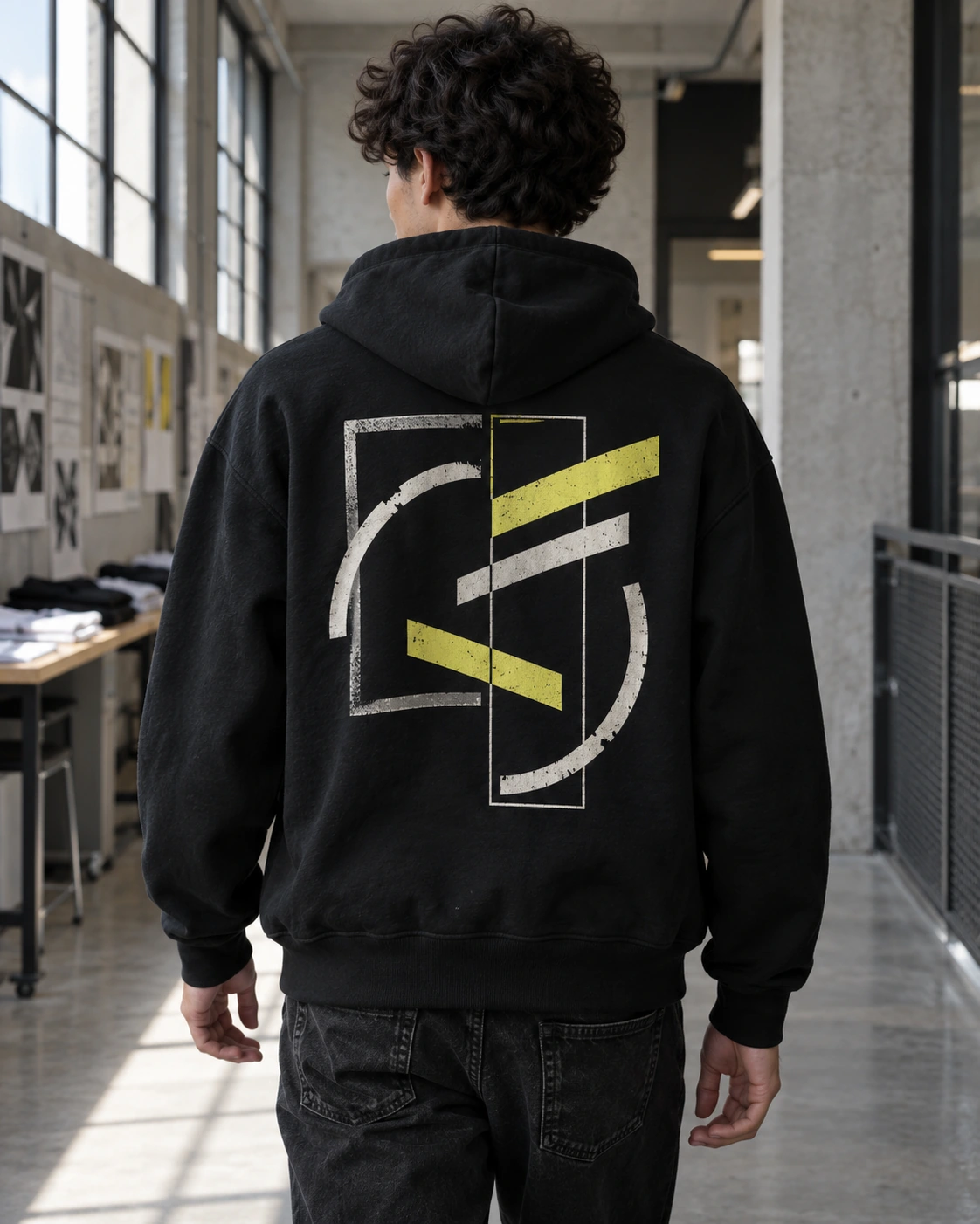 Student seen from behind wearing a black hoodie printed STUDENT IDEAS STRONGER TOMORROWS.